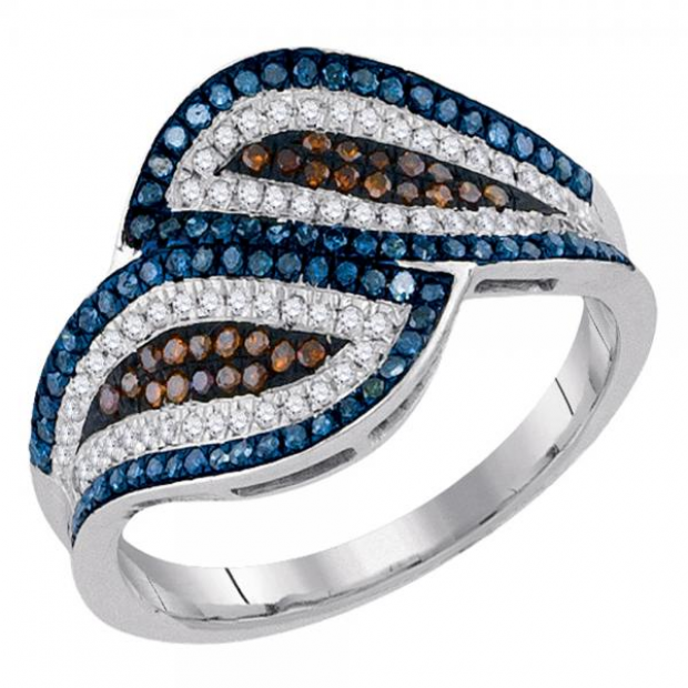 0.50 Carat (ctw) 10K White Gold Round Cognac Blue & White Diamond Ladies Micropave Bypass Cocktail Right Hand Ring 1/2 CT