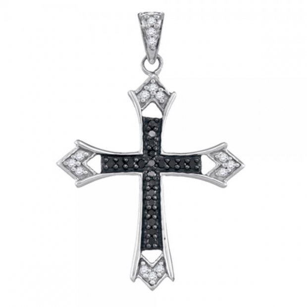 0.21 Carat (ctw) 10k White Gold Round Cut White & Black Diamond Gothic Cross Fashion Pendant 1/4 CT