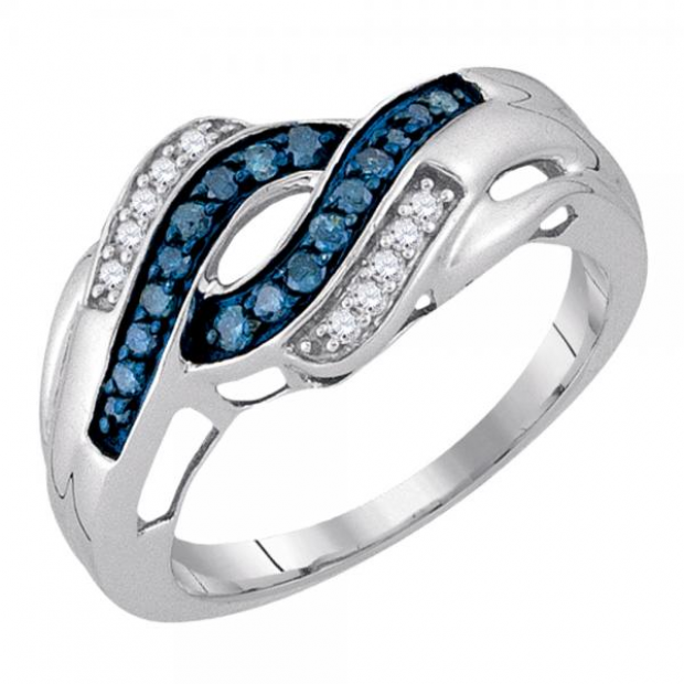 0.25 Carat (ctw) 10k White Gold Round Blue & White Diamond Ladies Swirl Bypass Fashion Right Hand Ring 1/4 CT