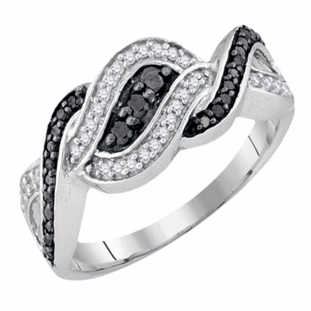 0.25 Carat (ctw) 10k White Gold Round Black & White Diamond Ladies Swirl Split Shank Fashion Right Hand Ring 1/4 CT