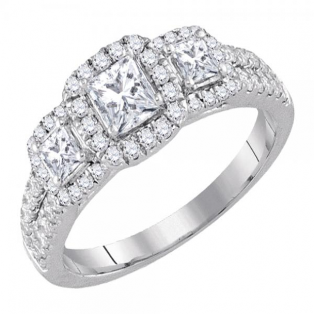 1.00 Carat (ctw) 14K White Gold Round & Princess Cut White Diamond Ladies Bridal 3 Stone Engagement Ring  With 0.33 Ct Princess Center 1 CT