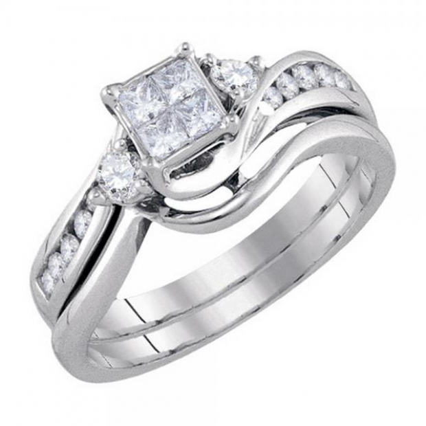 0.54 Carat (ctw) 14K White Gold Princess & Round Diamond Ladies Bypass Style Bridal Invisible Engagement Ring Set 1/2 CT