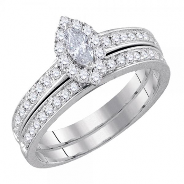 0.75 Carat (ctw) 14K White Gold Round & Marquise Cut White Diamond Halo Style Ladies Bridal Ring Matching Band Set With 0.25 CT Marquise Center 3/4 CT