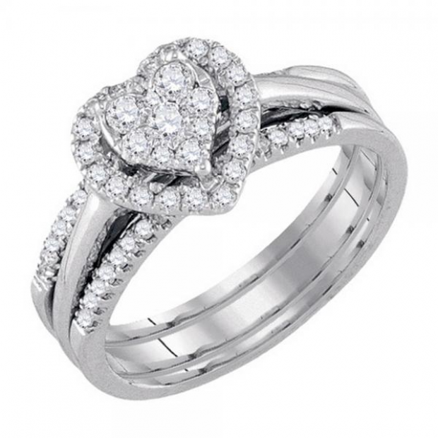 0.50 Carat (ctw) 14K White Gold Round Cut White Diamond Ladies Bridal Heart Engagement Ring Matching Band Set 1/2 CT