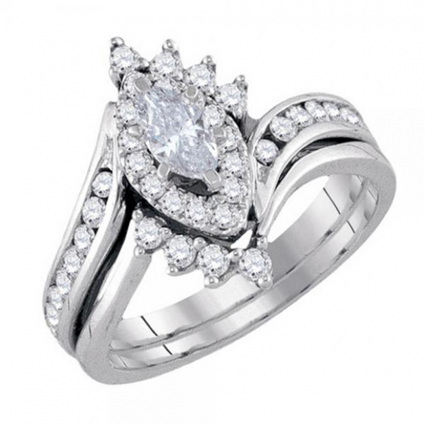 1.00 Carat (ctw) 14K White Gold Marquise & Round Cut Diamond Ladies Bridal Swirl Engagement Ring With Matching Band Set 1 CT