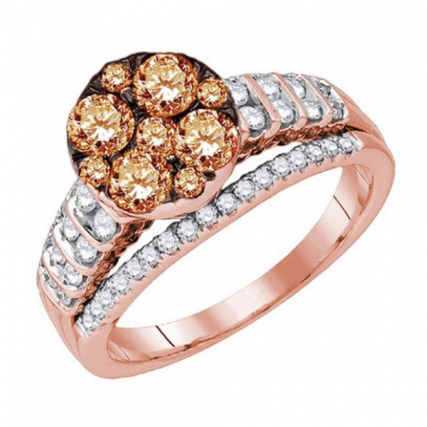 1.50 Carat (ctw) 14K Rose Gold Round Cognac & White Diamond Ladies Cluster Bridal Engagement Ring 1 1/2 CT