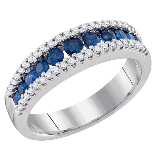 0.87 Carat (ctw) 14K White Gold Round Blue Sapphire & White Diamond Ladies Anniversary Wedding Band Stackable Ring