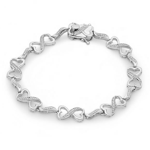 0.25 Carat (ctw) Sterling Silver Round Cut White Diamond Ladies Infinity Heart Tennis Link Bracelet 1/4 CT