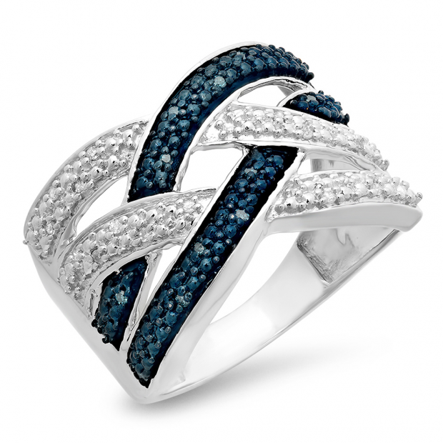 0.10 Carat (ctw) Sterling Silver Round Blue & White Diamond Ladies Swirl Split Shank Fashion Right Hand Ring