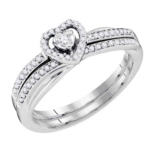 0.25 Carat (ctw) 10K White Gold Round Cut White Diamond Ladies Heart Shaped Bridal Engagement Ring With Matching Band Set 1/4 CT