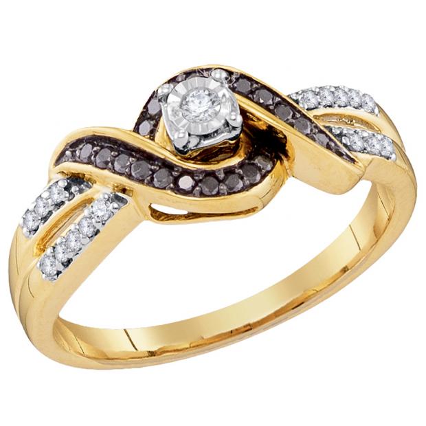 0.20 Carat (ctw) 10K Yellow Gold Round White & Black Diamond Ladies Bridal Twisted Swirl Split Shank Fashion Engagement Ring 1/5 CT