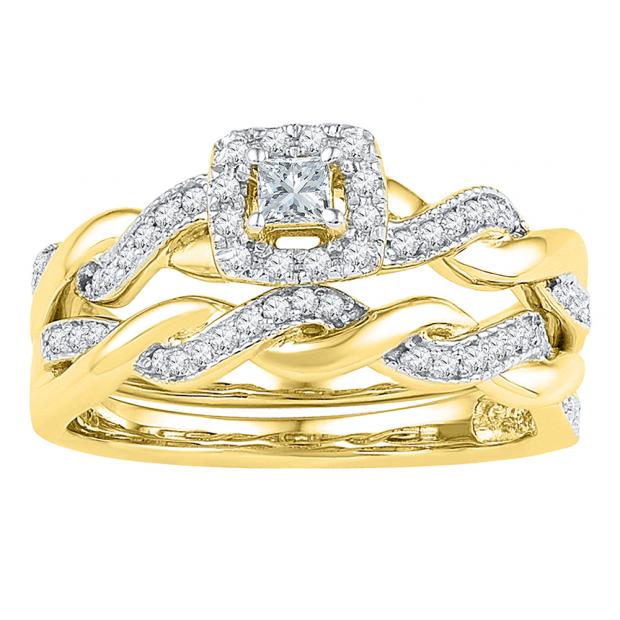 0.33 Carat (ctw) 10K Yellow Gold Princess & Round Diamond Bridal Swirl Style Halo Engagement Ring Matching Wedding Set 1/3 CT