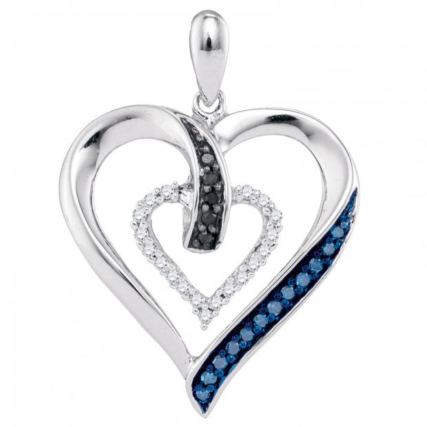 0.16 Carat (ctw) 10K White Gold Round Black Blue & White Diamond Ladies Fashion Double Heart Pendant