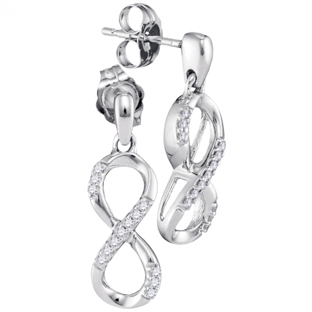 0.10 Carat (ctw) 10K White Gold Round Cut White Diamond Ladies Infinity Dangling Earrings 1/10 CT