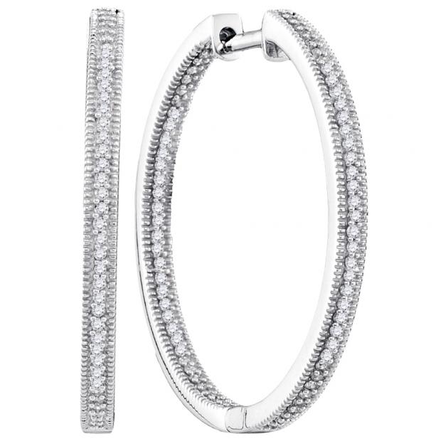 0.50 Carat (ctw) 10K White Gold Round White Diamond Ladies Milgrain In and Out Fashion Hoop Earrings 1/2 CT