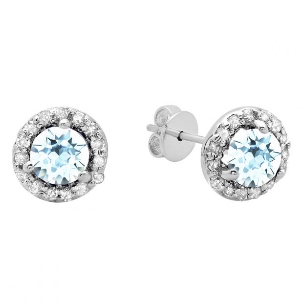 0.50 Carat (ctw) 14K White Gold Round Aquamarine & White Diamond Ladies Halo Style Stud Earrings 1/2 CT