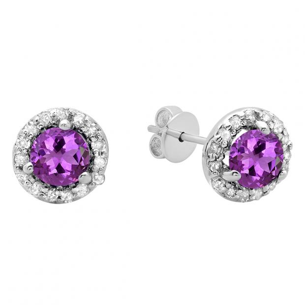 0.50 Carat (ctw) 14K White Gold Round Purple Amethyst & White Diamond Ladies Halo Style Stud Earrings 1/2 CT