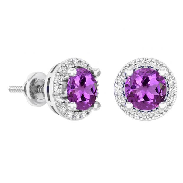 1.65 Carat (ctw) 14K White Gold Round Amethyst & White Diamond Ladies Halo Style Stud Earrings