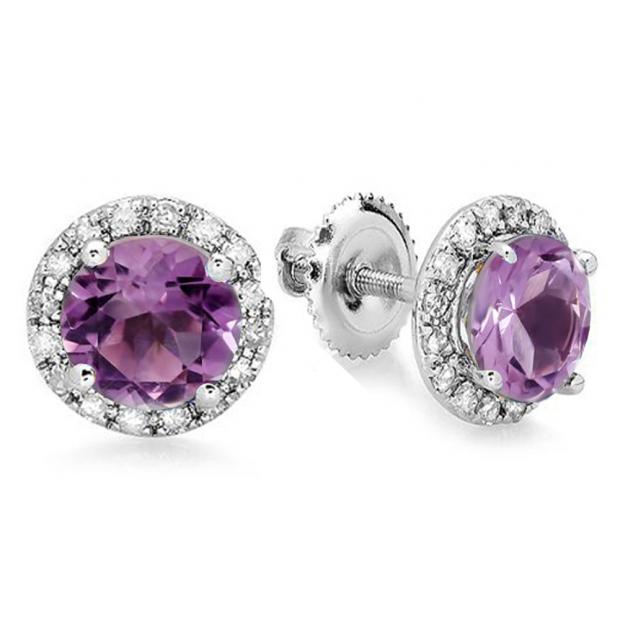 3.00 Carat (ctw) 10K White Gold Round Purple Amethyst & White Diamond Ladies Halo Style Stud Earrings 3 CT
