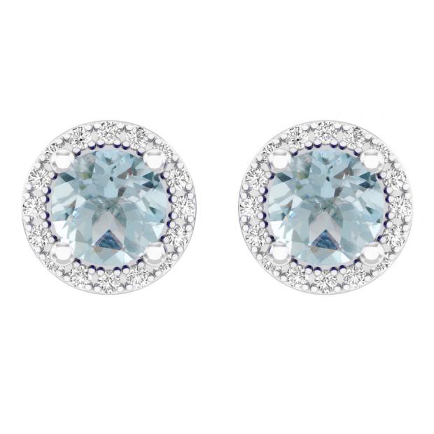 2.00 Carat (ctw) 10K White Gold Round Aquamarine & White Diamond Ladies Halo Style Stud Earrings 2 CT