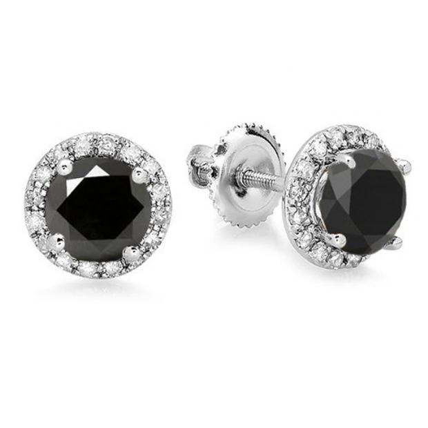 2.00 Carat (ctw) 14K White Gold Round Black & White Diamond Ladies Halo Style Stud Earrings 2 CT