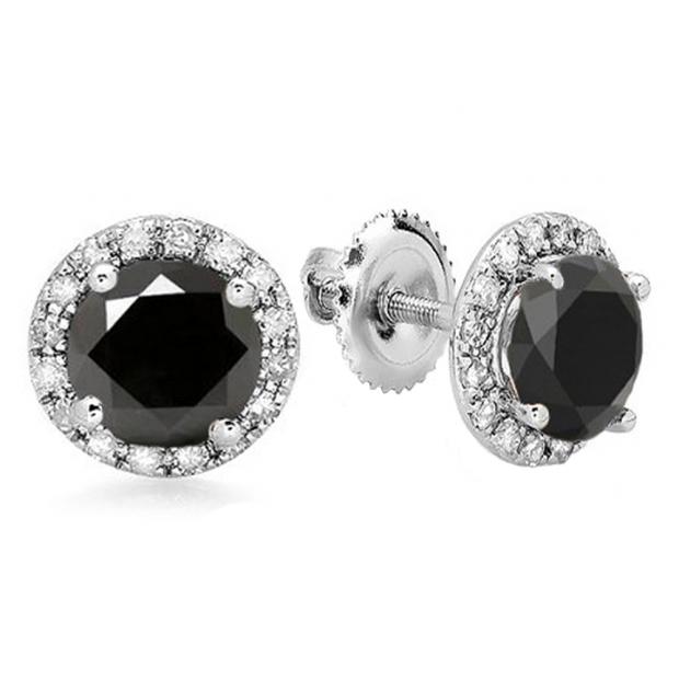 3.00 Carat (ctw) 10K White Gold Round Black & White Diamond Ladies Halo Style Stud Earrings 3 CT