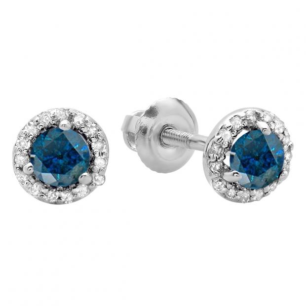 0.50 Carat (ctw) 14K White Gold Round Blue & White Diamond Ladies Halo Style Stud Earrings 1/2 CT