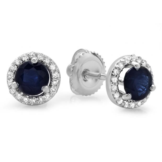 1.00 Carat (ctw) 10K White Gold Round Blue Sapphire & White Diamond Ladies Halo Style Stud Earrings 1 CT