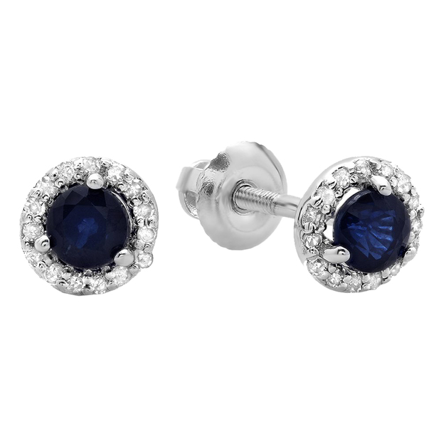 3.00 Carat (ctw) 18K White Gold Round Blue Sapphire & White Diamond Ladies Halo Style Stud Earrings 3 CT