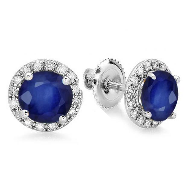 3.00 Carat (ctw) 14K White Gold Round Blue Sapphire & White Diamond Ladies Halo Style Stud Earrings 3 CT