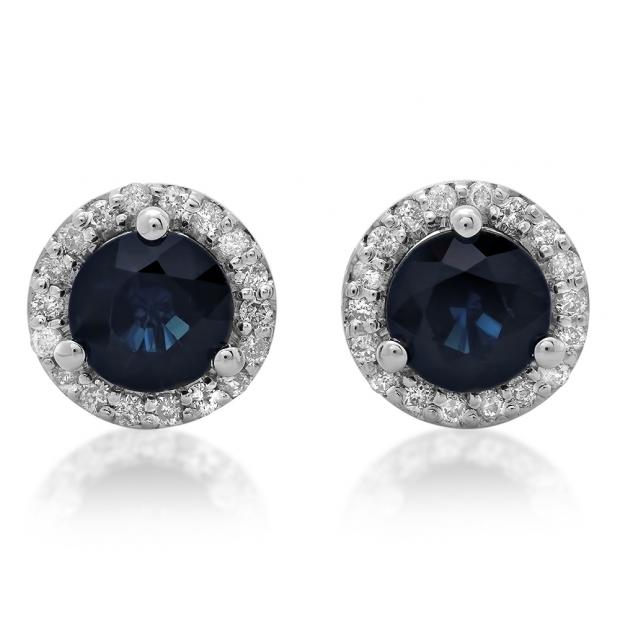 4.00 Carat (ctw) 14K White Gold Round Blue Sapphire & White Diamond Ladies Halo Style Stud Earrings 4 CT