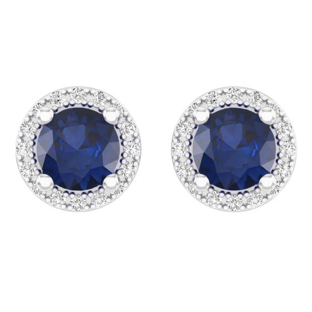 2.00 Carat (ctw) 10K White Gold Round Blue Sapphire & White Diamond Ladies Halo Style Stud Earrings 2 CT
