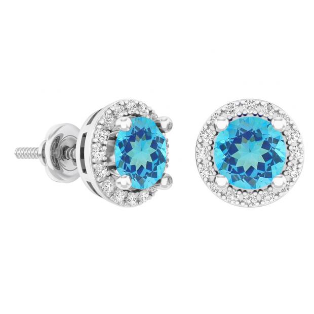 2.00 Carat (ctw) 14k White Gold Round Blue Topaz & White Diamond Ladies Halo Style Stud Earrings 2 CT