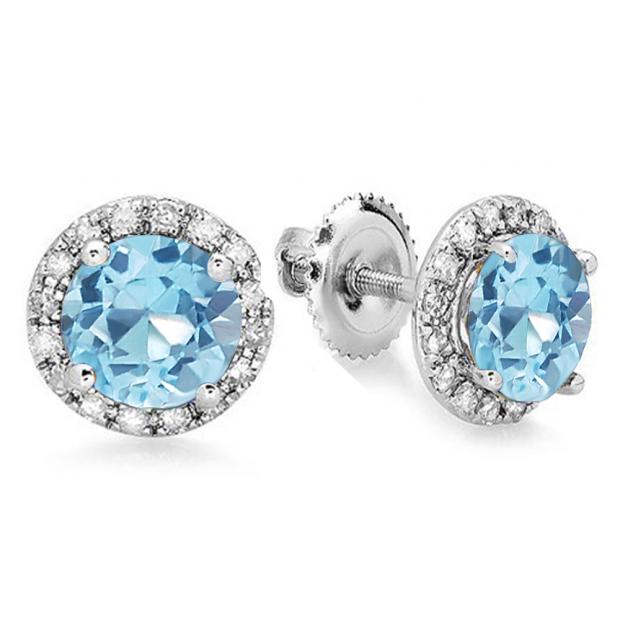 3.00 Carat (ctw) 10K White Gold Round Blue Topaz & White Diamond Ladies Halo Style Stud Earrings 3 CT