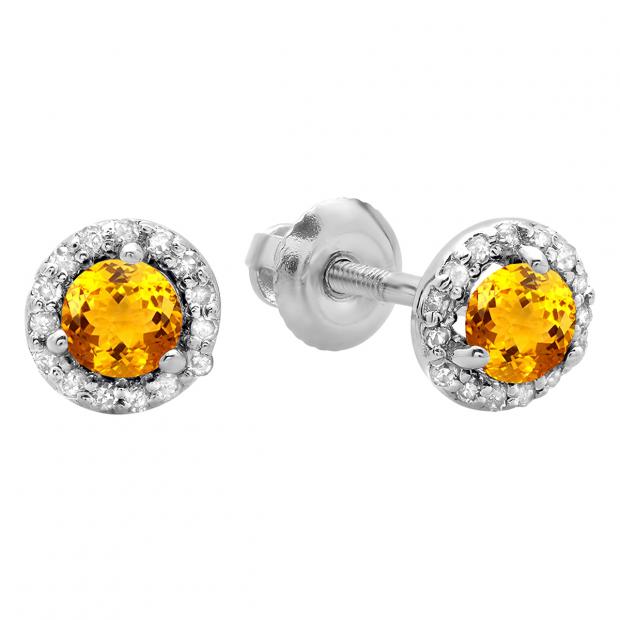 0.50 Carat (ctw) 14K White Gold Round Yellow Citrine & White Diamond Ladies Halo Style Stud Earrings 1/2 CT