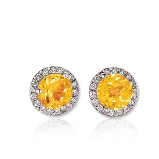 1.00 Carat (ctw) 14K White Gold Round Yellow Citrine & White Diamond Ladies Halo Style Stud Earrings 1 CT