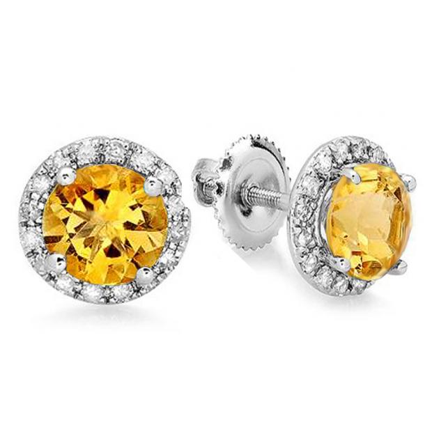 3.00 Carat (ctw) 14K White Gold Round Yellow Citrine & White Diamond Ladies Halo Style Stud Earrings 3 CT