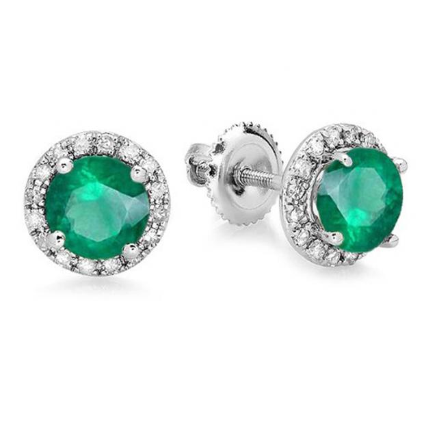 2.00 Carat (ctw) 10k White Gold Round Green Emerald & White Diamond Ladies Halo Style Stud Earrings 2 CT