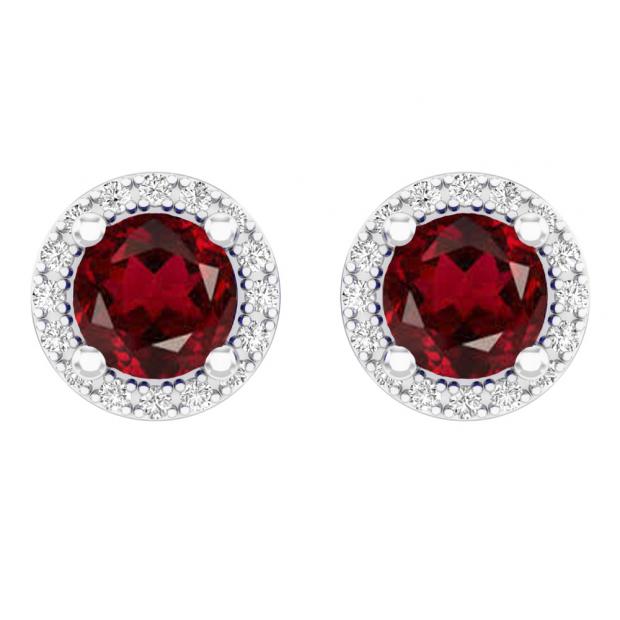 2.00 Carat (ctw) 10k White Gold Round Red Garnet & White Diamond Ladies Halo Style Stud Earrings 2 CT