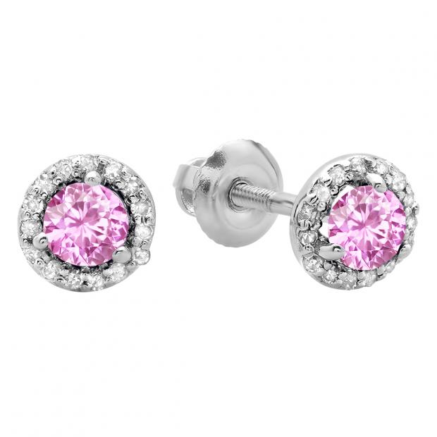 0.50 Carat (ctw) 10K White Gold Round Pink Sapphire & White Diamond Ladies Halo Style Stud Earrings 1/2 CT