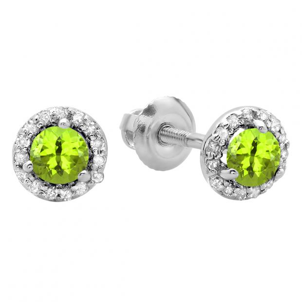 0.50 Carat (ctw) 10K White Gold Round Green Peridot & White Diamond Ladies Halo Style Stud Earrings 1/2 CT