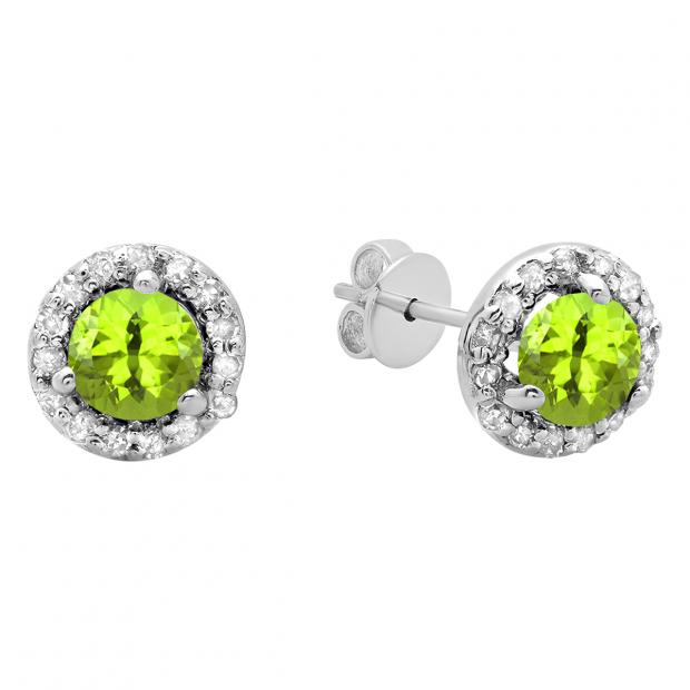 0.50 Carat (ctw) 14K White Gold Round Green Peridot & White Diamond Ladies Halo Style Stud Earrings 1/2 CT