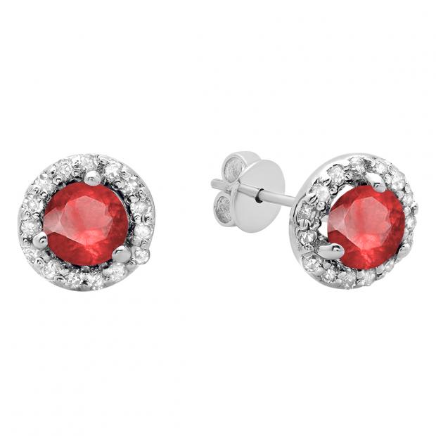 0.50 Carat (ctw) 14K White Gold Round Ruby & White Diamond Ladies Halo Style Stud Earrings 1/2 CT