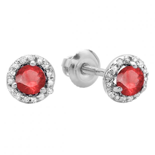 0.50 Carat (ctw) 14K White Gold Round Ruby & White Diamond Ladies Halo Style Stud Earrings 1/2 CT