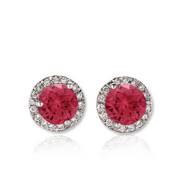 1.00 Carat (ctw) 14K White Gold Round Ruby & White Diamond Ladies Halo Style Stud Earrings 1 CT