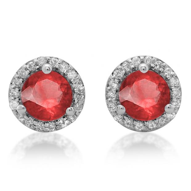 4.00 Carat (ctw) 18K White Gold Round Ruby & White Diamond Ladies Halo Style Stud Earrings 4 CT