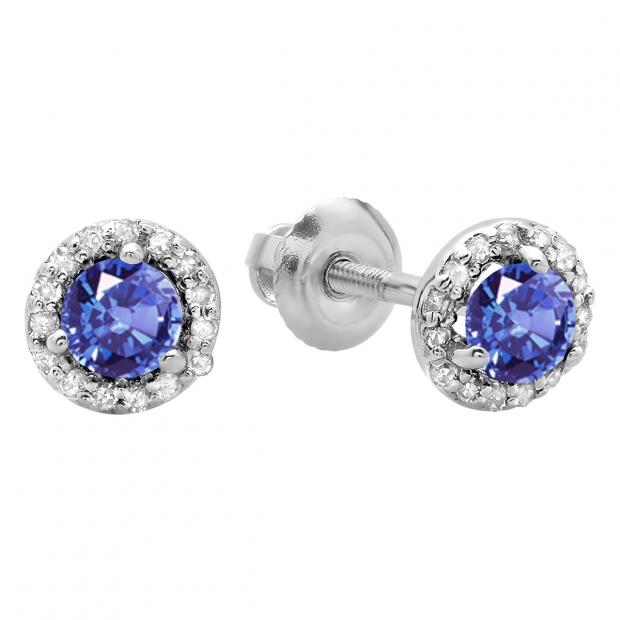 0.50 Carat (ctw) 10K White Gold Round Tanzanite & White Diamond Ladies Halo Style Stud Earrings 1/2 CT