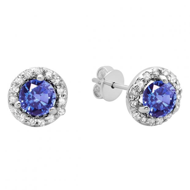 0.50 Carat (ctw) 14K White Gold Round Tanzanite & White Diamond Ladies Halo Style Stud Earrings 1/2 CT