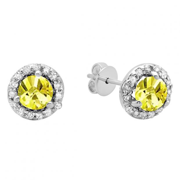 0.50 Carat (ctw) 14K White Gold Round Yellow Sapphire & White Diamond Ladies Halo Style Stud Earrings 1/2 CT