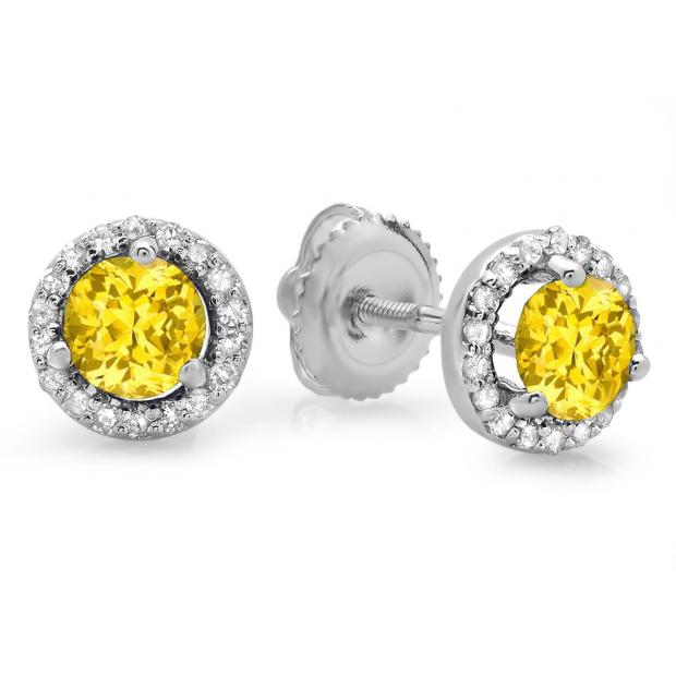 1.00 Carat (ctw) 14K White Gold Round Yellow Sapphire & White Diamond Ladies Halo Style Stud Earrings 1 CT